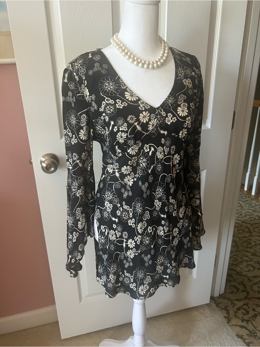 INC International Concepts Black V-Neck Floral Silk Tunic